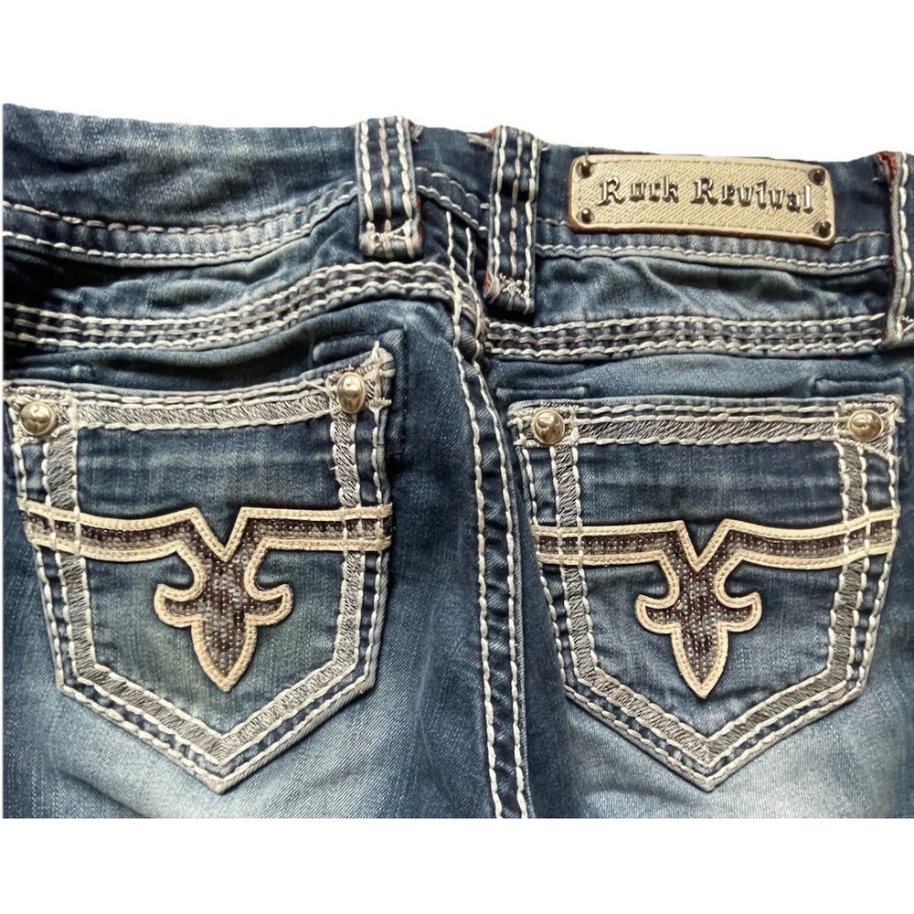 Rock Revival Bootcut Jeans Womens 26 Blue Thick Stitch Flap Pocket Embroidered